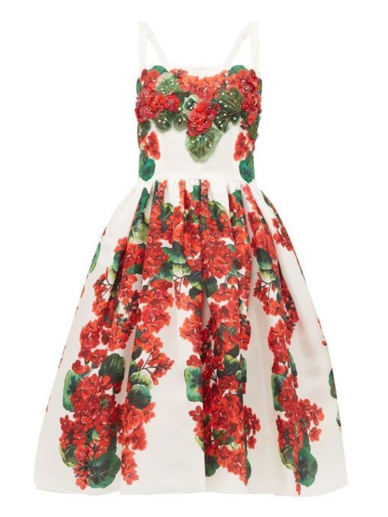 Dolce & Gabbana - Geranium-print Silk-organza Dress - Womens - Red And Whte
