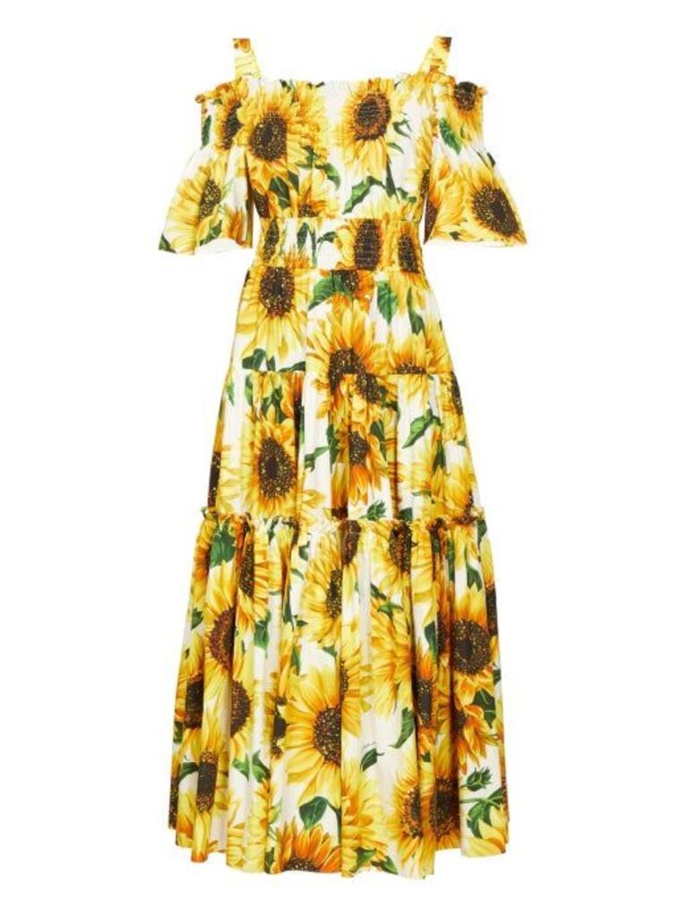 Dolce & Gabbana - Sunflower-print Tiered Cotton-poplin Midi Dress - Womens - Yellow Multi