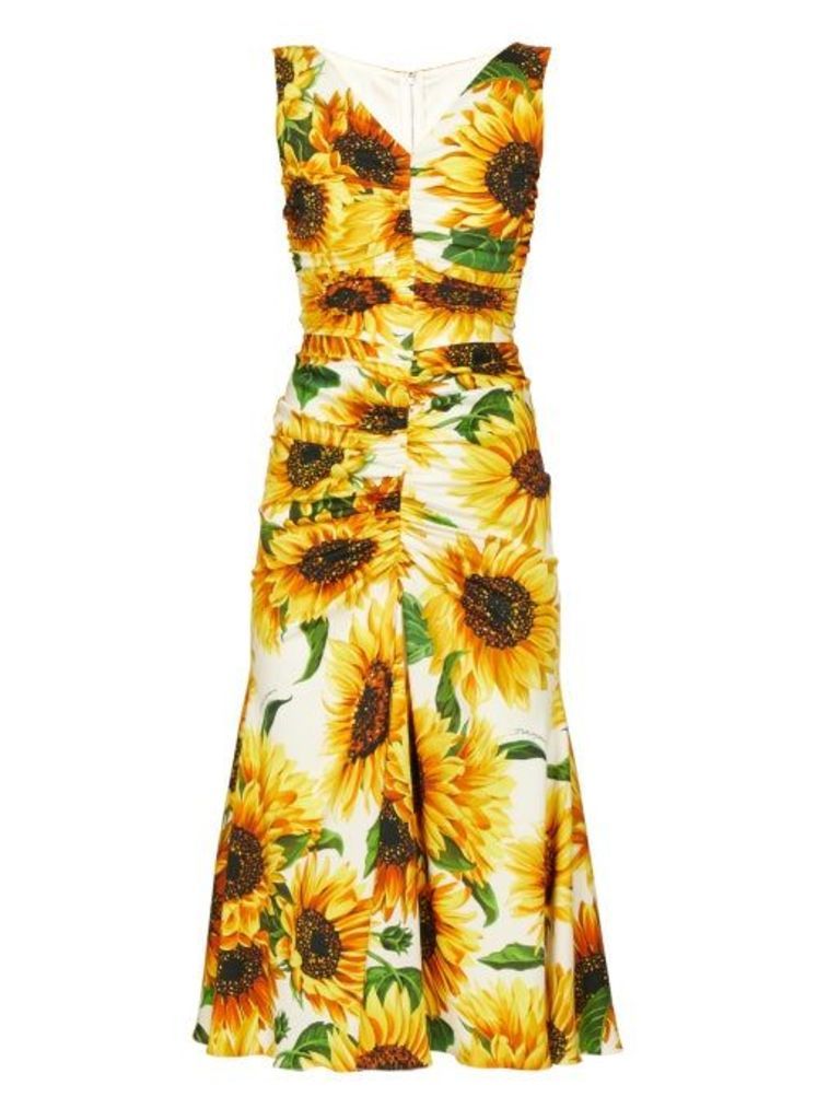 Dolce & Gabbana - Sunflower-print Gathered Midi Dress - Womens - Yellow Multi