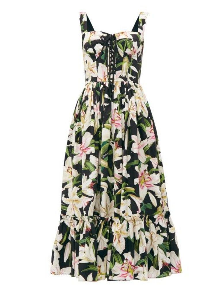 Dolce & Gabbana - Lily-print Bustier Cotton Dress - Womens - Black Print