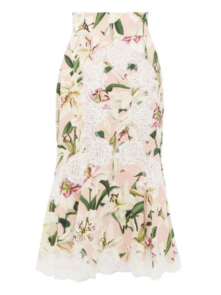 Dolce & Gabbana - Lily-print Lace-detail Midi Skirt - Womens - Pink