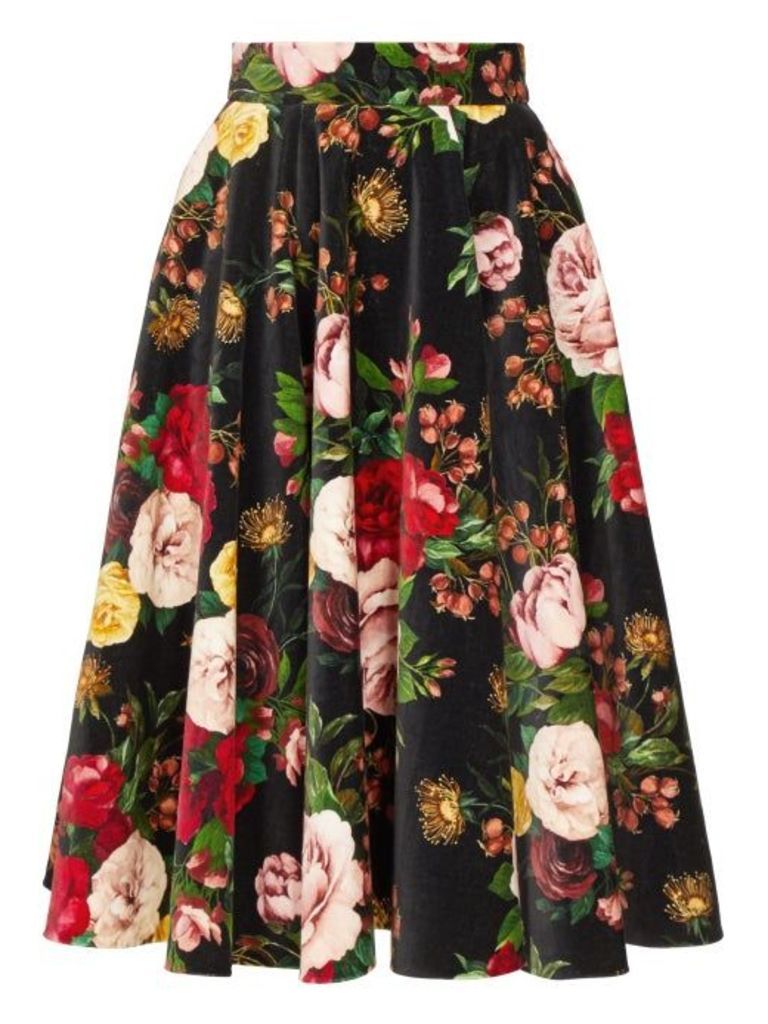 Dolce & Gabbana - Rose-print Velvet Midi Skirt - Womens - Black Multi