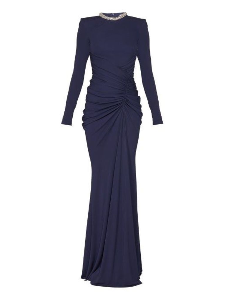 Alexander Mcqueen - Crystal Embellished Gathered Gown - Womens - Navy
