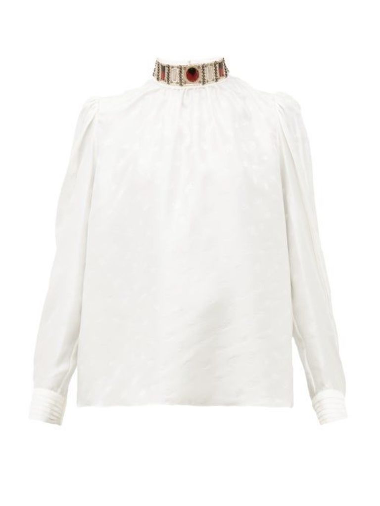 Chloé - Embellished High Neck Logo Jacquard Silk Blouse - Womens - White Multi