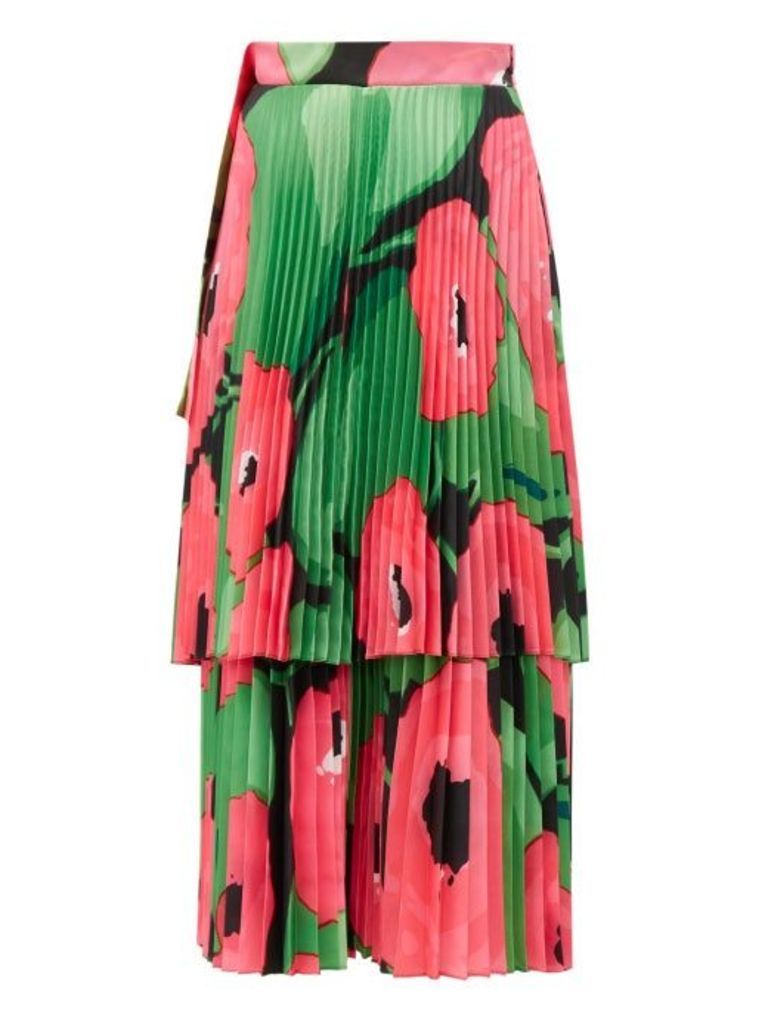 Richard Quinn - Poppy-print Pleated Satin Midi Skirt - Womens - Pink Multi