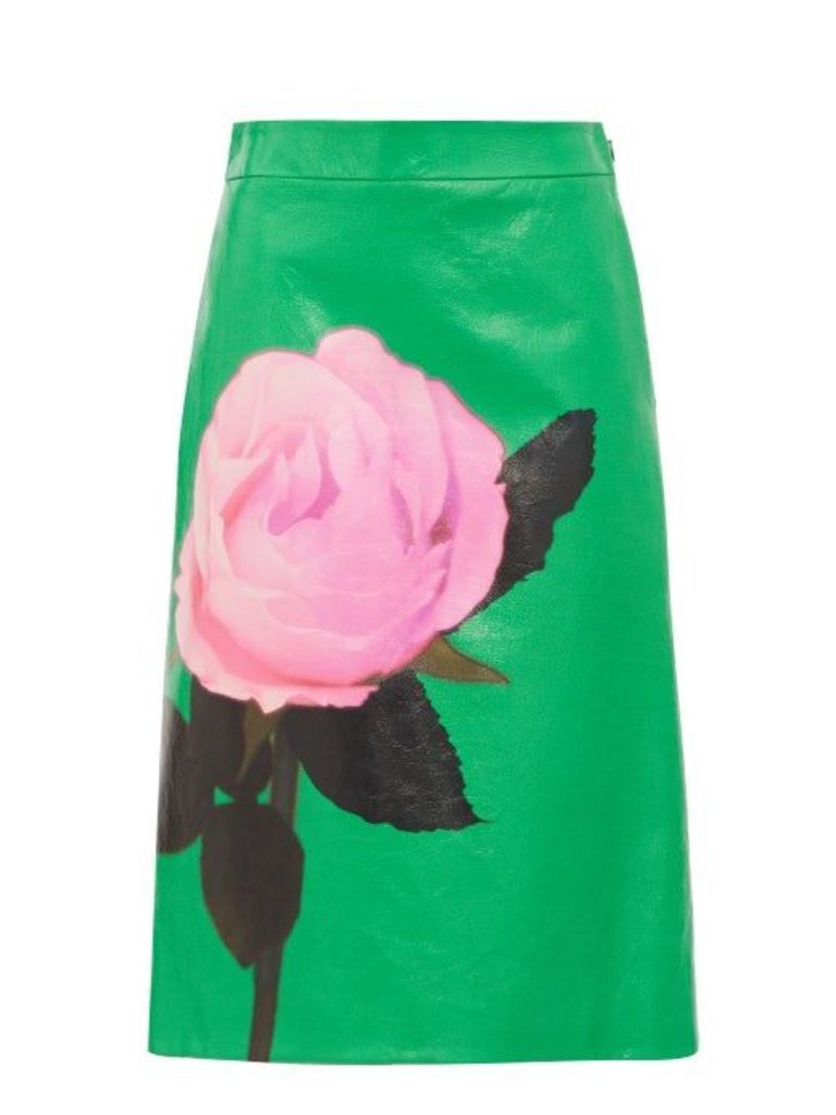 Prada - Rose Print Leather Skirt - Womens - Green Print