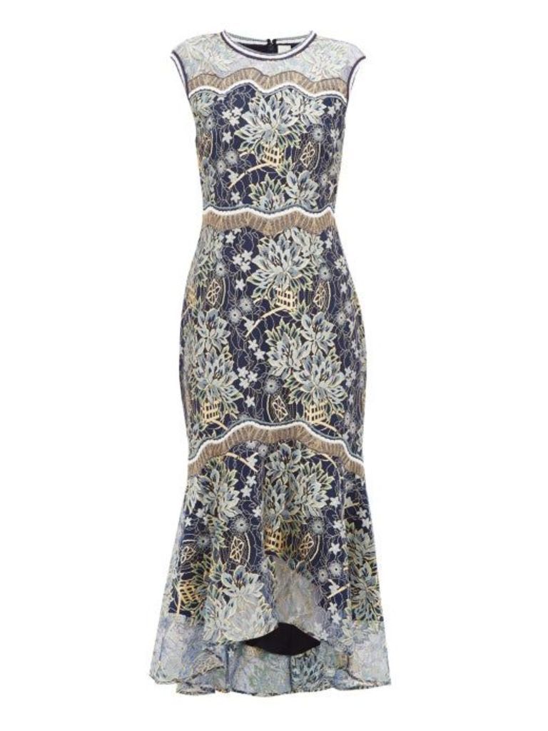 Peter Pilotto - Floral Embroidered Chantilly Lace Dress - Womens - Navy Gold