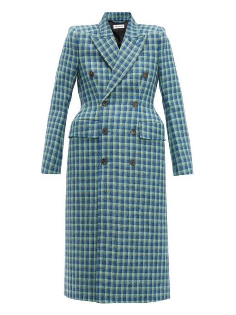 Balenciaga - Hourglass Checked Double-breasted Wool Coat - Womens - Blue Multi