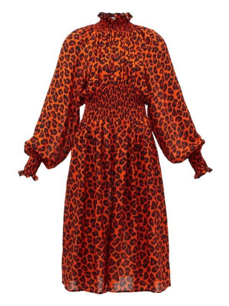 Msgm - Leopard Print Shirred Midi Dress - Womens - Orange