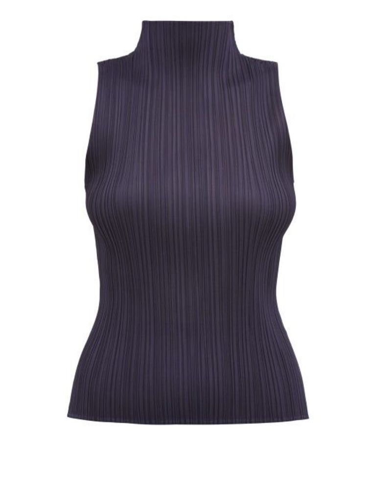 Pleats Please Issey Miyake - High Neck Technical Pleated Top - Womens - Navy