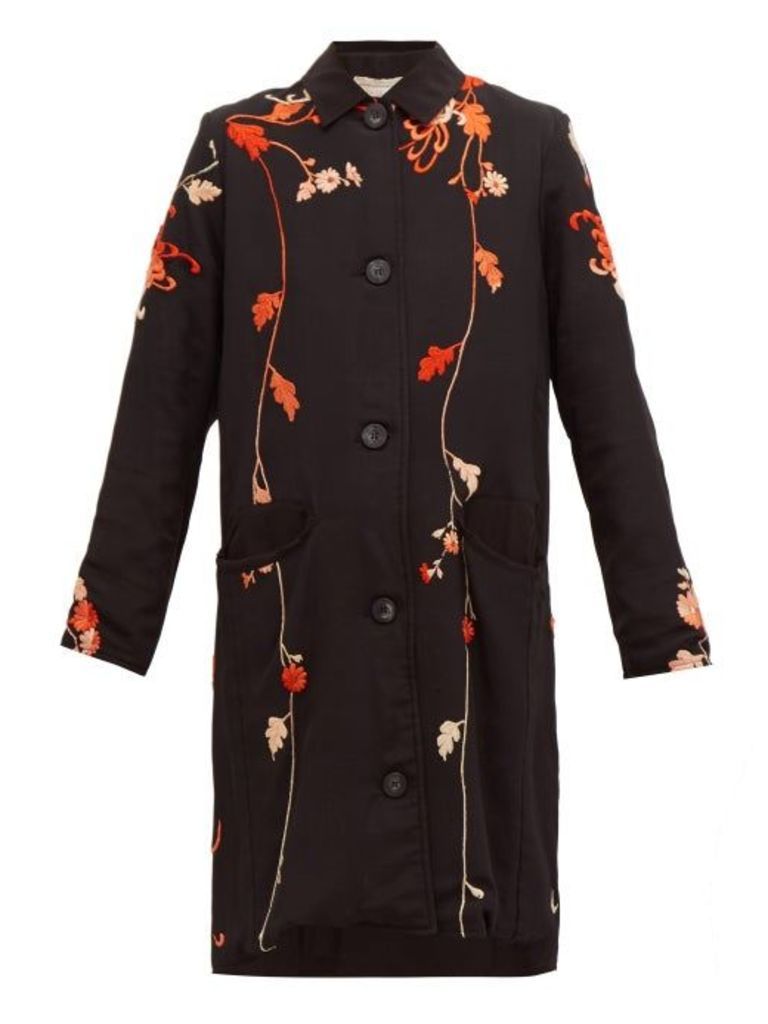 By Walid - Clara Floral Embroidered Silk Coat - Womens - Black Red