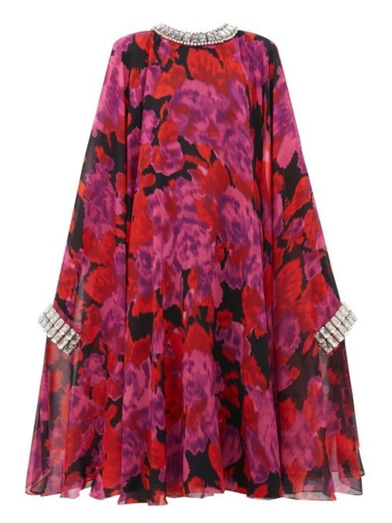 Richard Quinn - Crystal Embellished Floral Print Cape Dress - Womens - Pink Multi