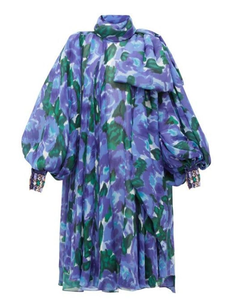 Richard Quinn - Balloon-sleeve Floral-print Georgette Dress - Womens - Blue Multi