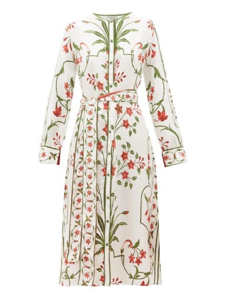 D'ascoli - Belted Floral Print Silk Twill Dress - Womens - White Multi