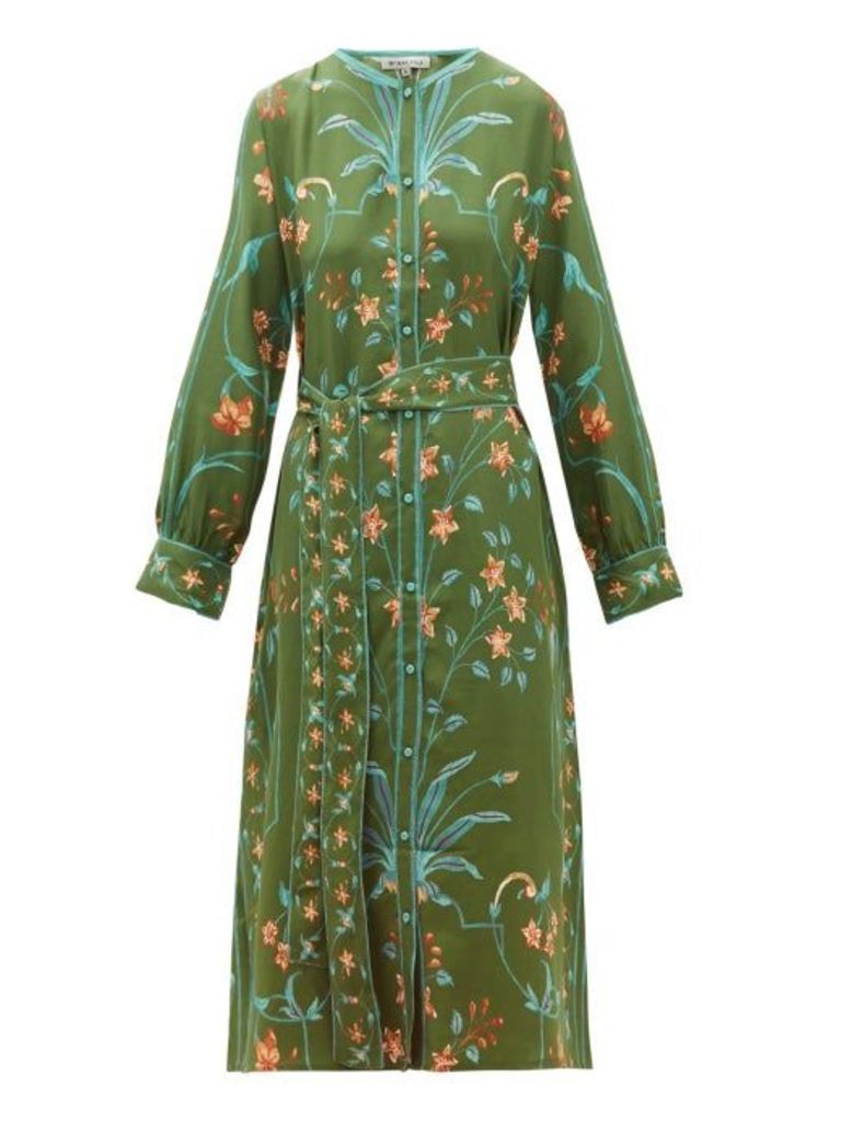 D'Ascoli - Jahan Floral-print Tie-waist Silk Dress - Womens - Green Multi