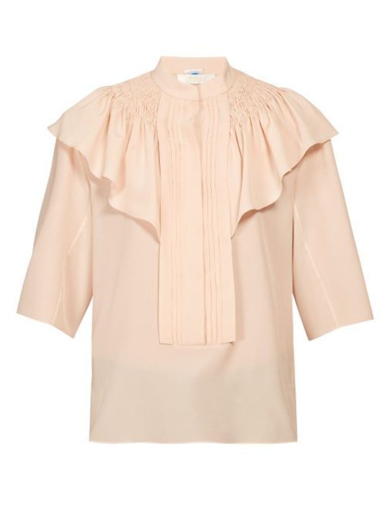 Chloé - Smocked And Ruffle Shoulder Crepe Blouse - Womens - Light Pink