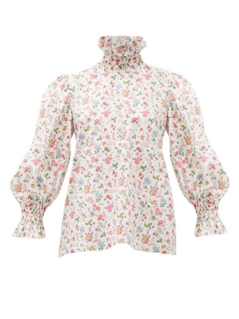 Horror Vacui - Collia Floral-print Smocked Cotton Top - Womens - White Multi