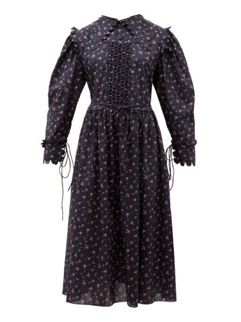Horror Vacui - Clara Scalloped Floral-print Cotton Dress - Womens - Navy Multi