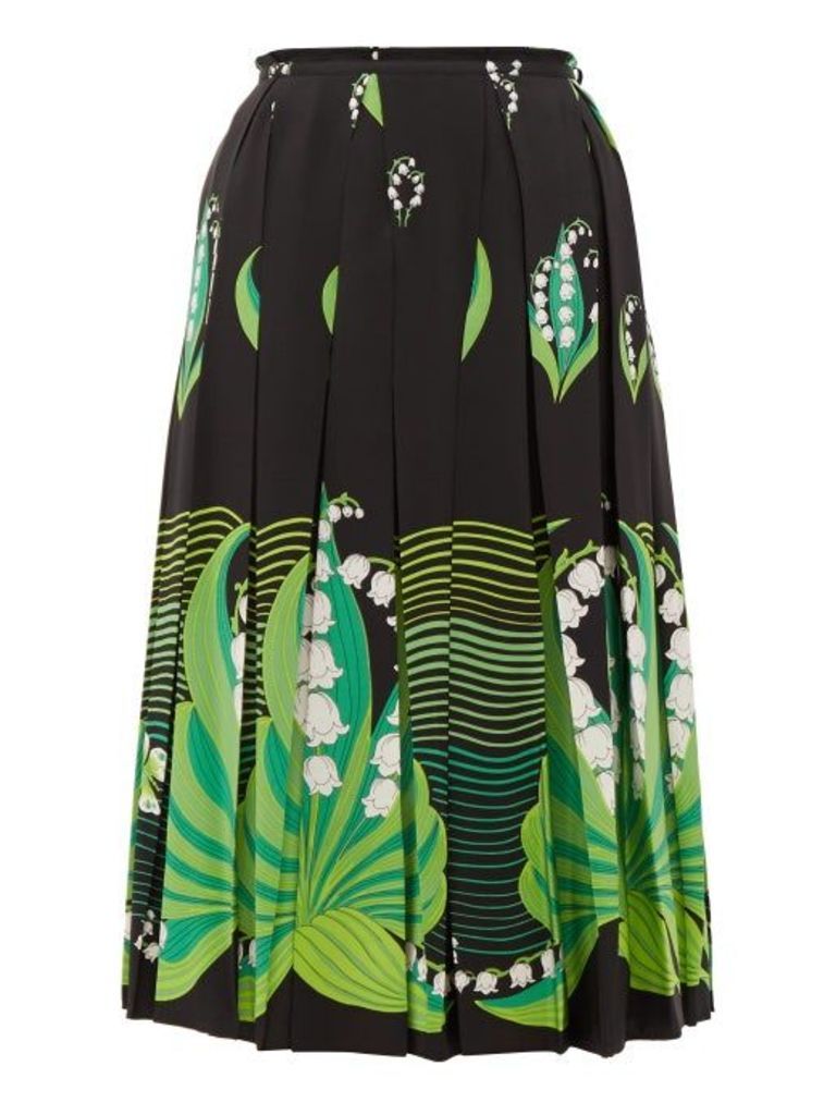 Valentino - Lily Of The Valley-print Pleated Silk Skirt - Womens - Black Multi