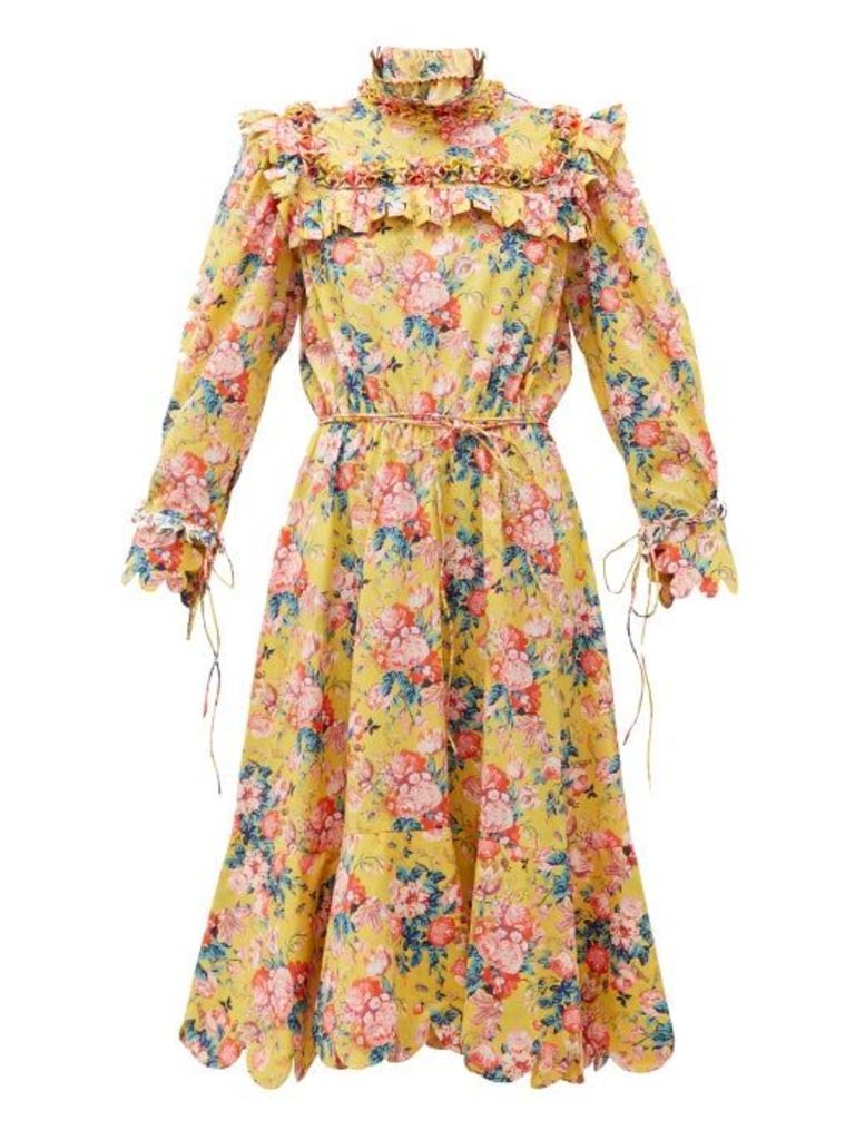 Horror Vacui - Hilaria Peony-print Cotton Dress - Womens - Yellow Multi