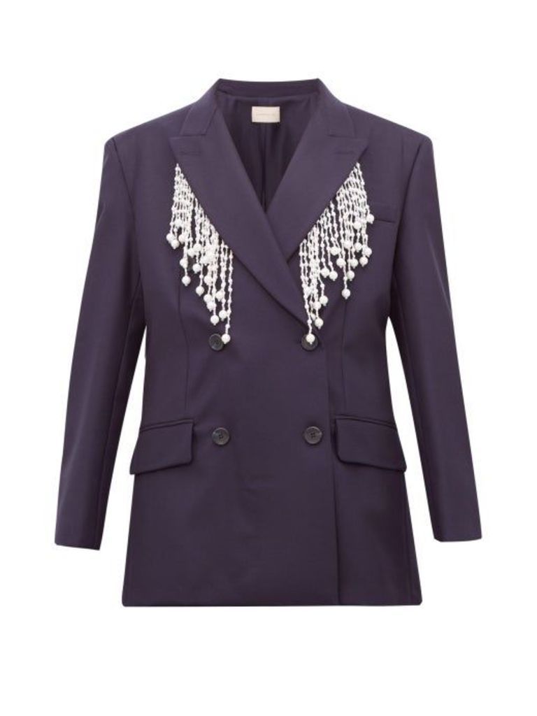 Christopher Kane - Faux Pearl-fringed Double-breasted Wool Blazer - Womens - Navy