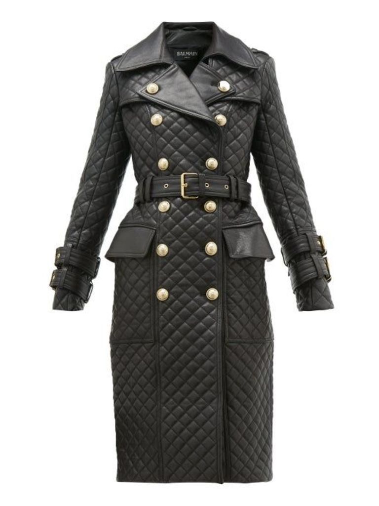 Balmain - Double Breasted Quilted Leather Trench Coat - Womens - Black