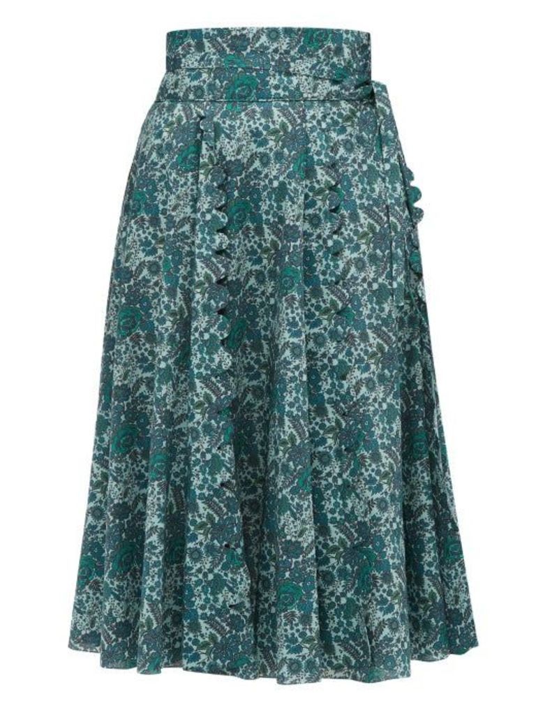 Horror Vacui - Sophie Scalloped Floral-print Cotton Skirt - Womens - Green Multi