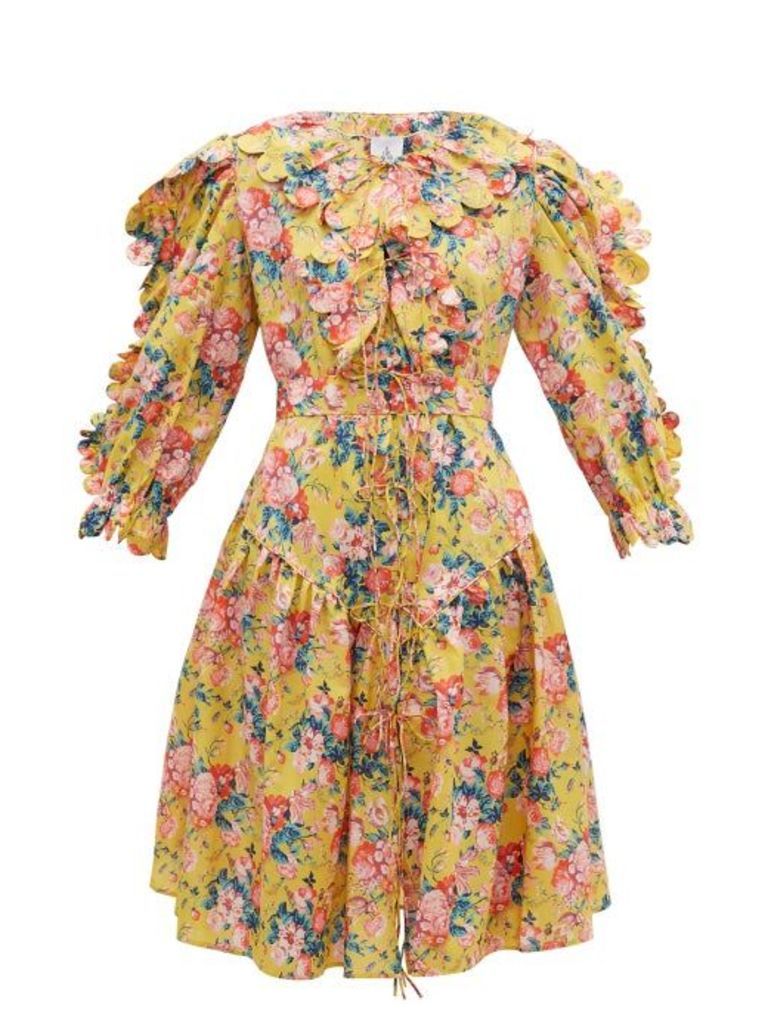 Horror Vacui - Custia Scalloped Floral-print Cotton Dress - Womens - Yellow Multi