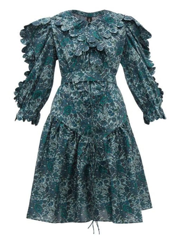 Horror Vacui - Custia Floral-print Scallop-edge Cotton Dress - Womens - Dark Green Multi