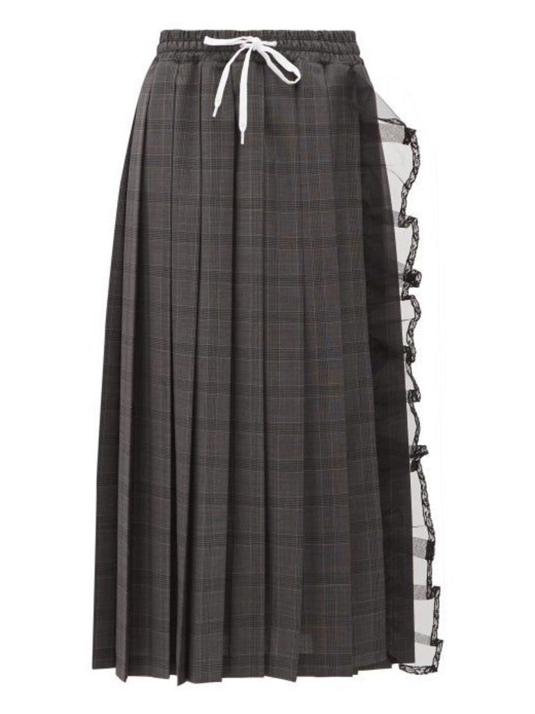 Miu Miu - Tulle Trim Pleated Checked Wool Skirt - Womens - Dark Grey