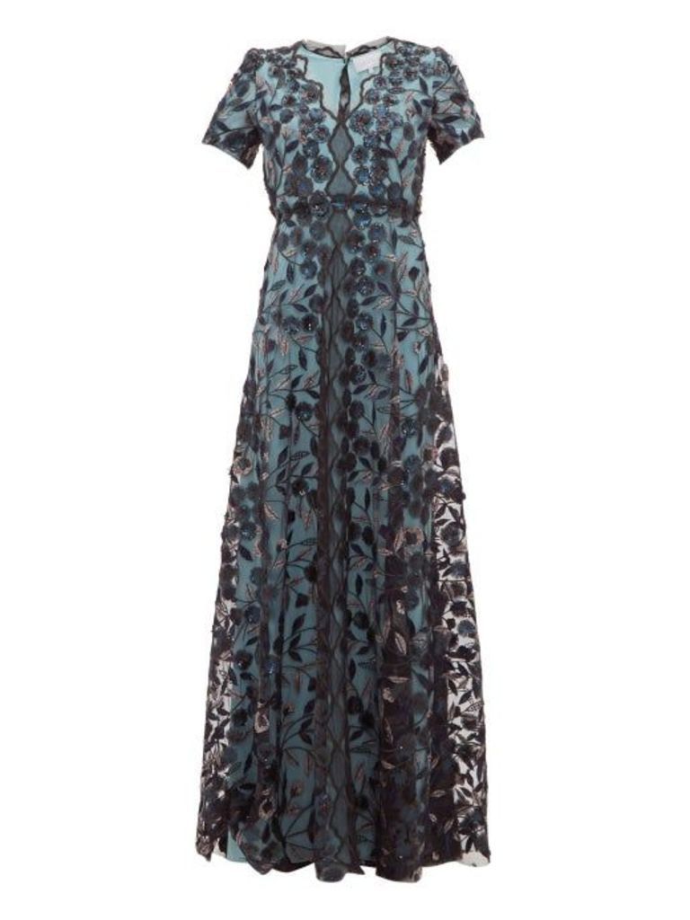 Luisa Beccaria - Floral-embroidered Tulle Gown - Womens - Black Multi