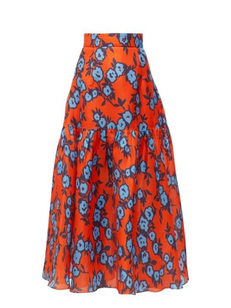 Carolina Herrera - Floral-print Gathered Silk-gazar Mid Skirt - Womens - Orange Multi