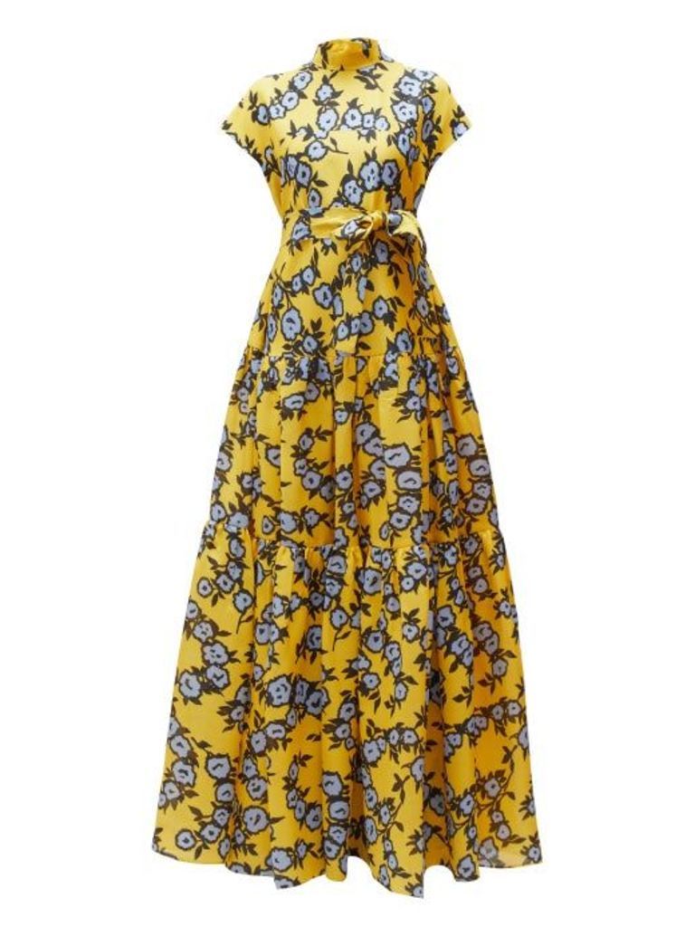 Carolina Herrera - Floral-print Gathered Silk-gazar Gown - Womens - Yellow Multi