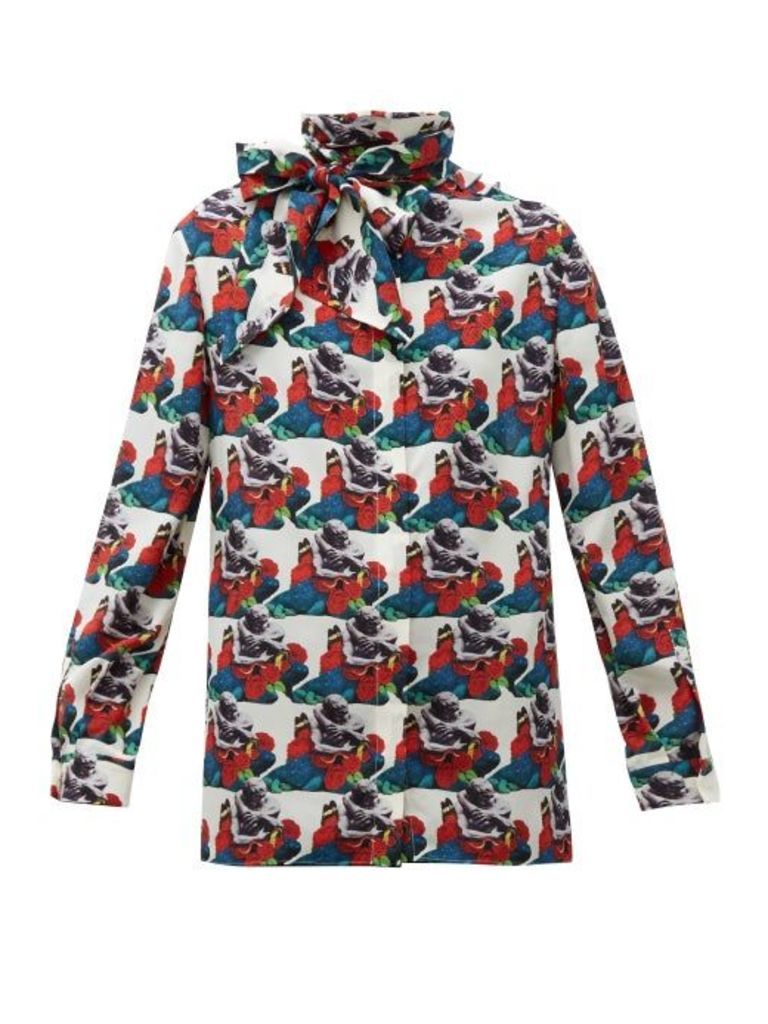 Valentino - Lovers-print Pussy-bow Silk Blouse - Womens - White Print