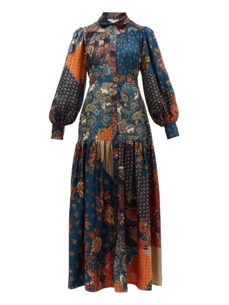 Evi Grintela - Elsa Patchwork-print Silk Maxi Shirt Dress - Womens - Blue Print
