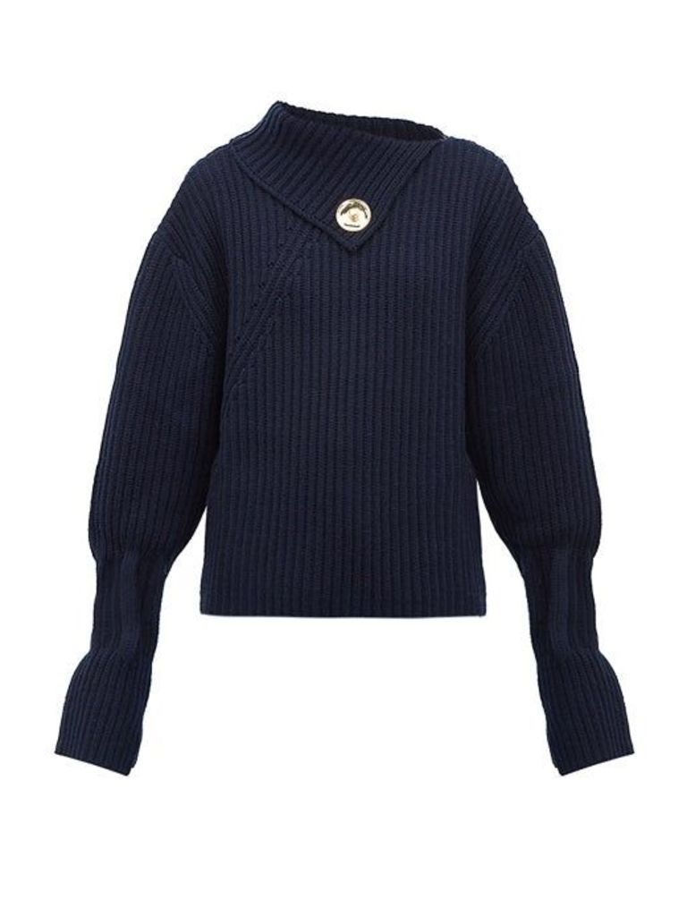 JW Anderson - Draped-neckline Ribbed Wool-blend Sweater - Womens - Navy