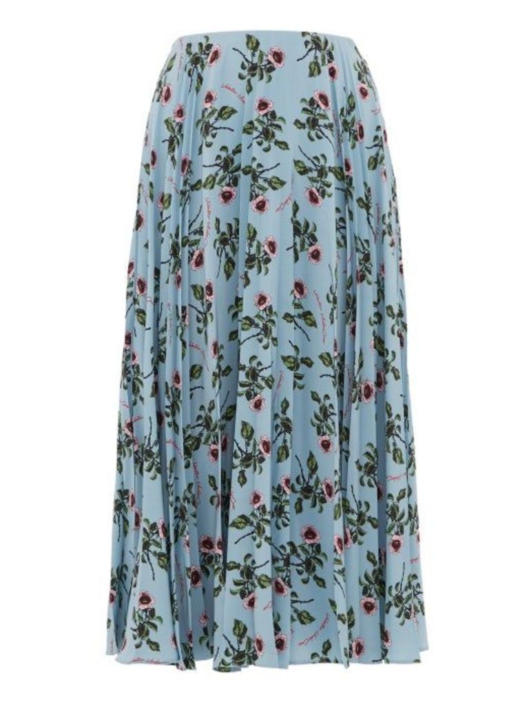 Valentino - Rose And Lip-print Pleated Silk Skirt - Womens - Light Blue