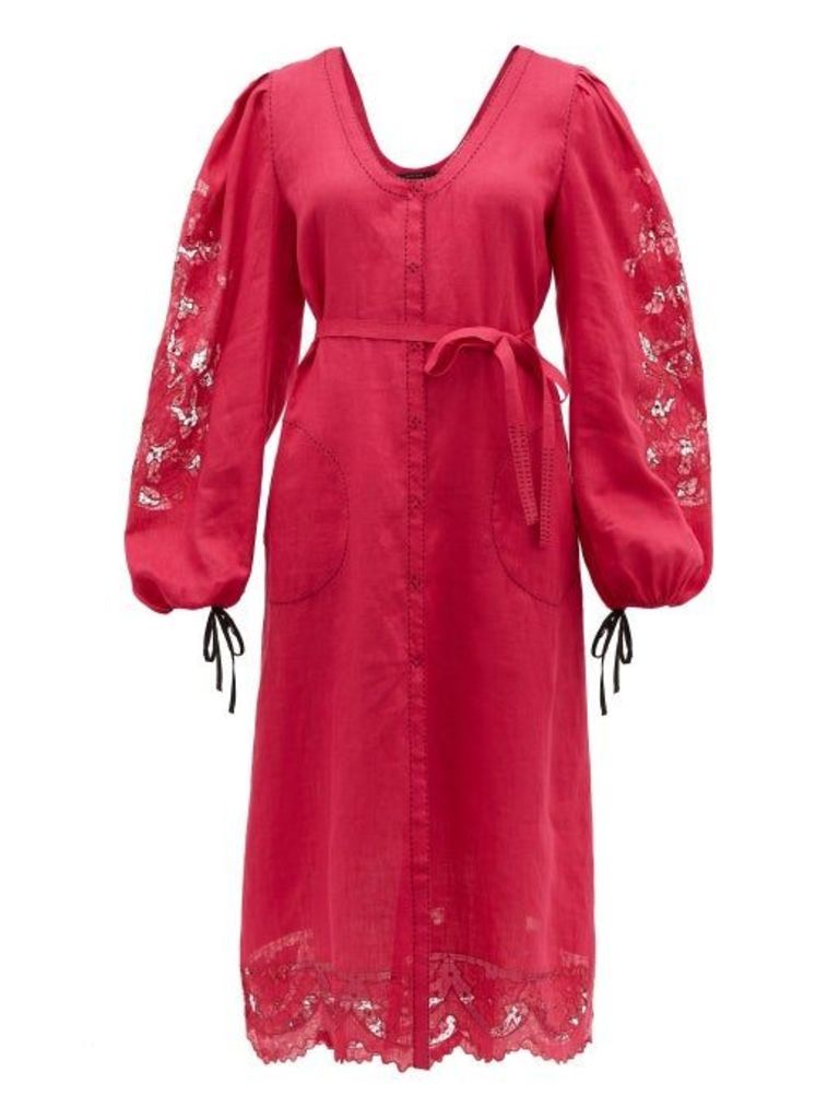 Vita Kin - Broderie-anglaise Linen Midi Dress - Womens - Pink