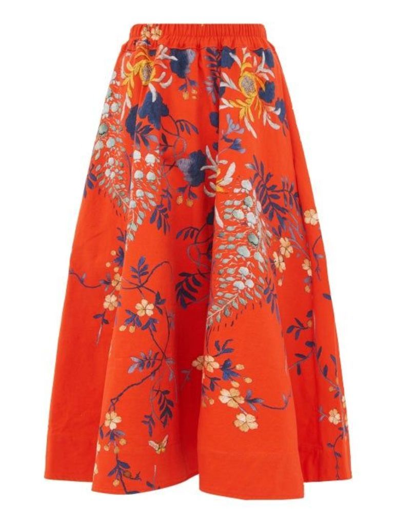 By Walid - Daisy Floral-print Cotton-canvas Midi Skirt - Womens - Red Multi