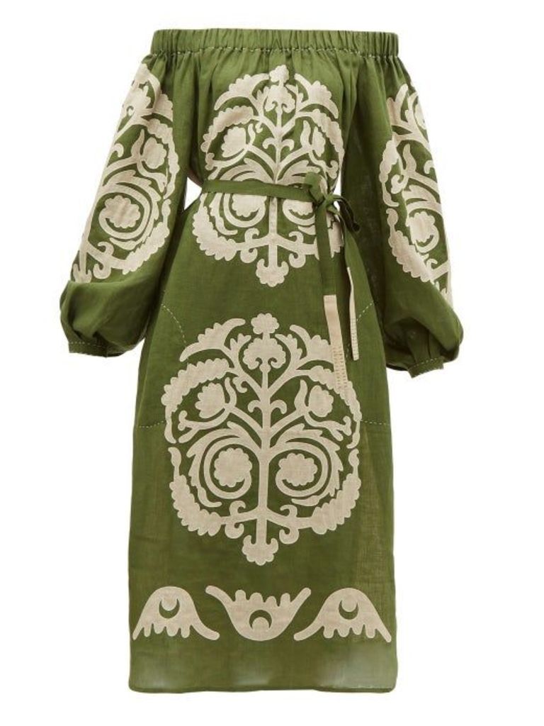 Vita Kin - Palladium Off-the-shoulder Embroidered-linen Dress - Womens - Khaki Multi