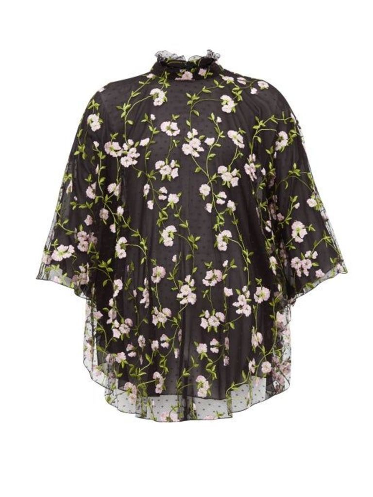 Giambattista Valli - Floral-embroidered Tulle High-neck Blouse - Womens - Black Pink