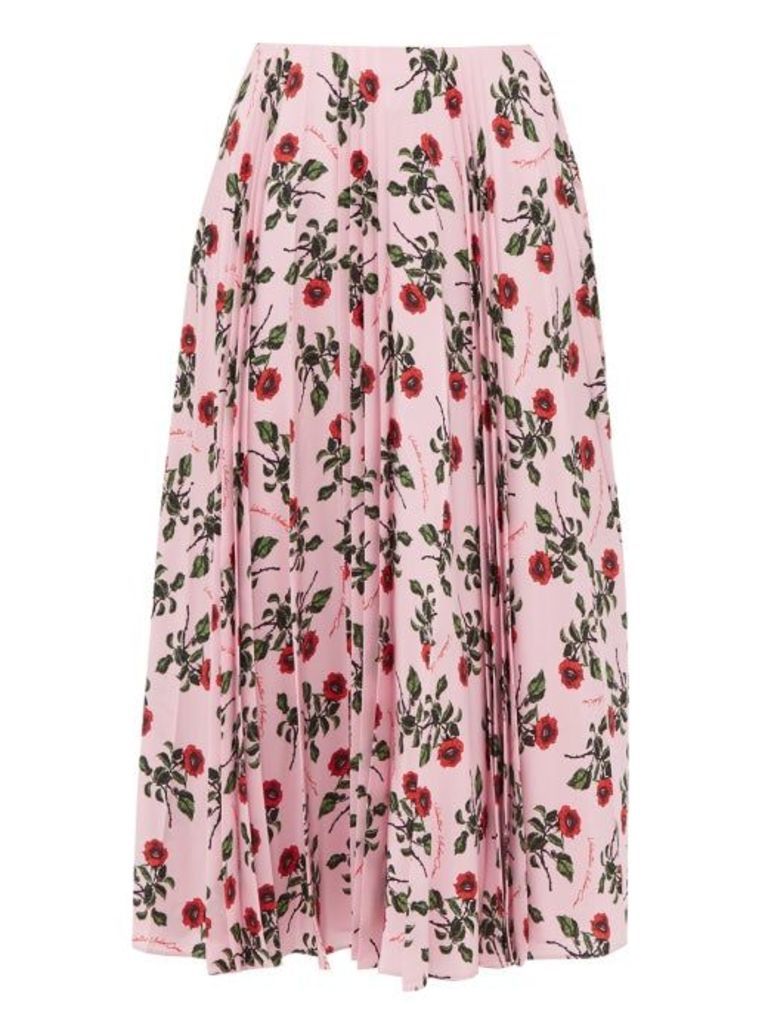 Valentino - Rose-printed Pleated Silk Midi Skirt - Womens - Pink