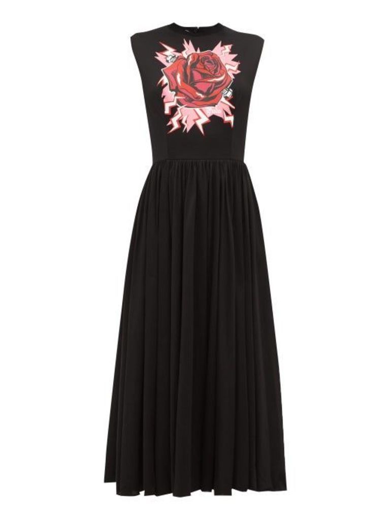Prada - Electric Rose-print Cotton Midi Dress - Womens - Black Print