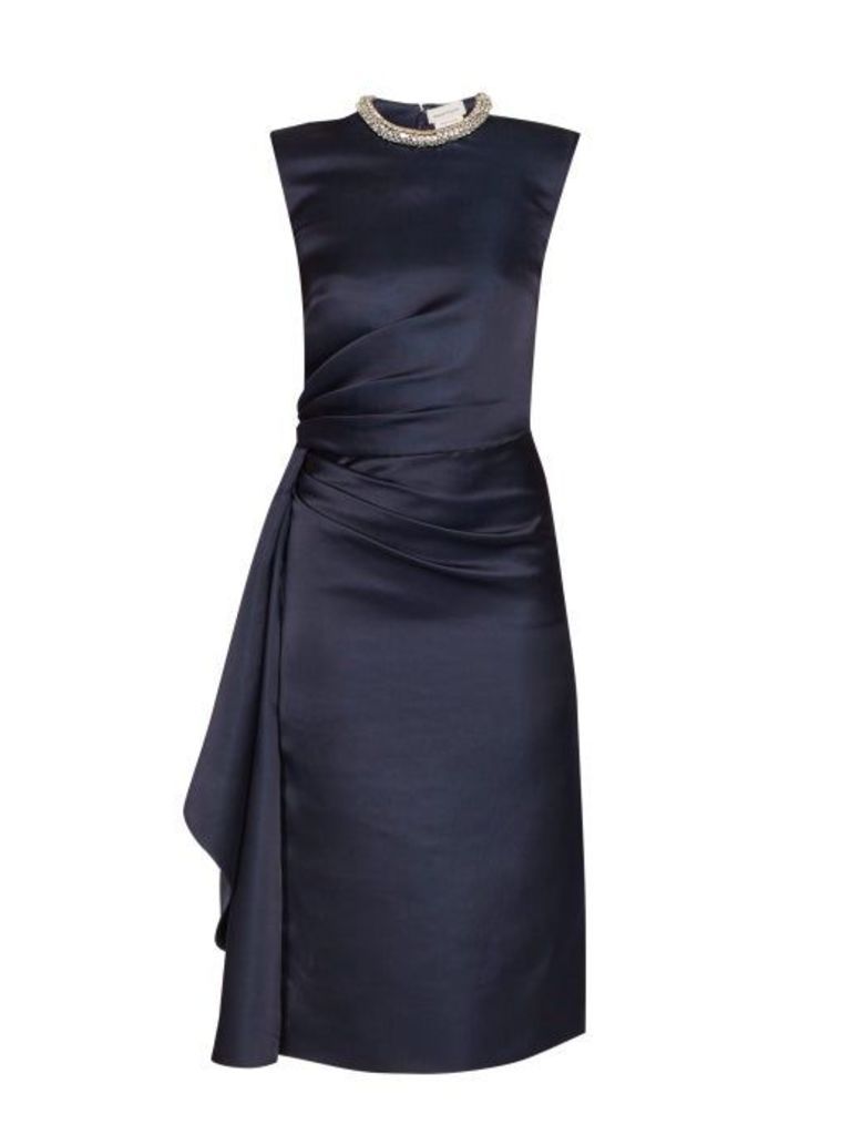 Alexander Mcqueen - Crystal-embellished Ruched Silk Knee-length Dress - Womens - Navy
