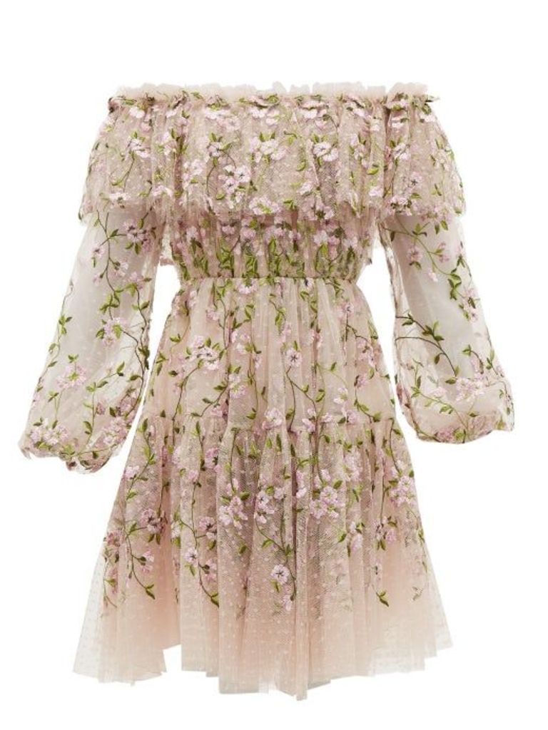 Giambattista Valli - Floral Embroidered Tulle Off The Shoulder Dress - Womens - Pink Multi