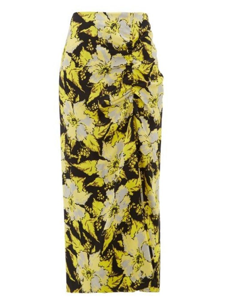 Colville - Floral-print Ruched Crepe Midi Skirt - Womens - Black Yellow
