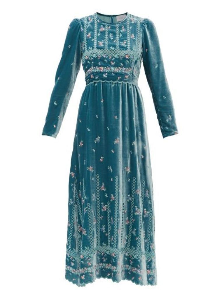 Luisa Beccaria - Floral Embroidered Velvet Gown - Womens - Light Blue