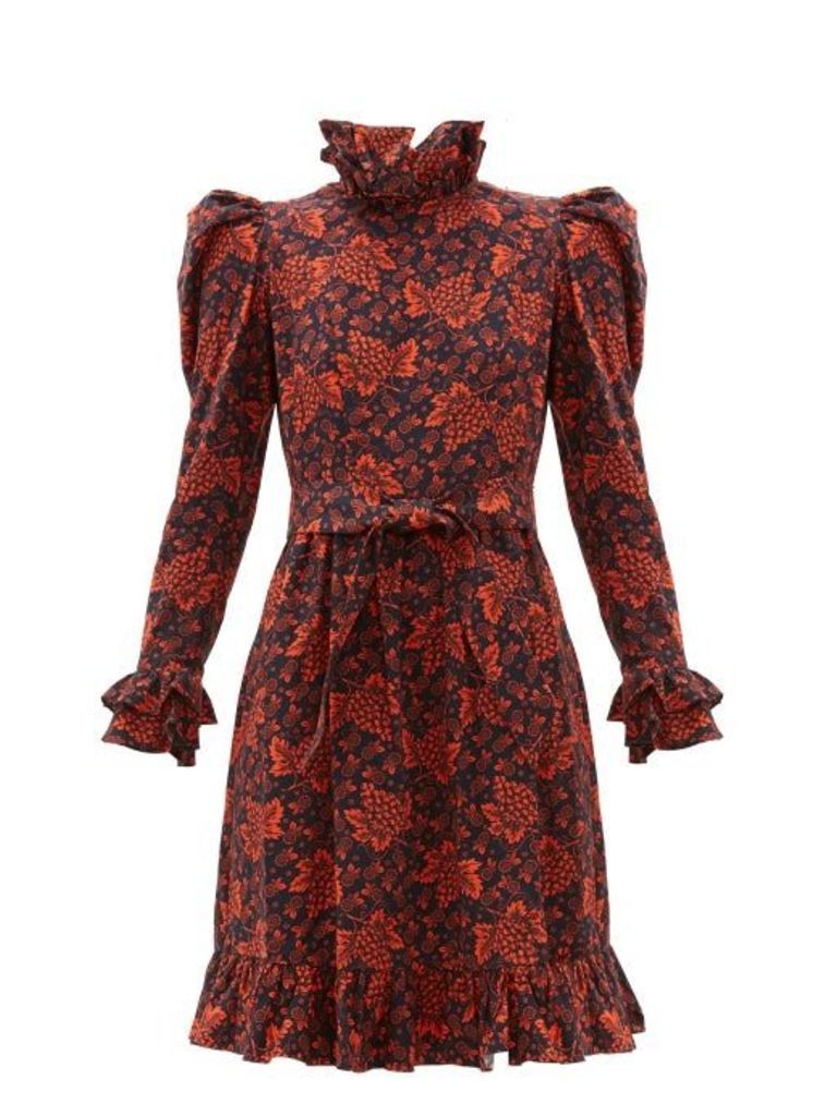 Batsheva - Ruffled Grape And Floral-print Cotton Dress - Womens - Black Red