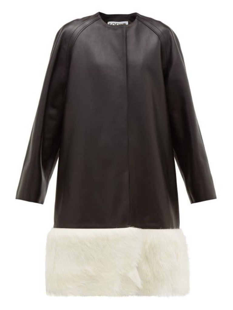 Loewe - Shearling-trimmed Collarless Leather Coat - Womens - Black White