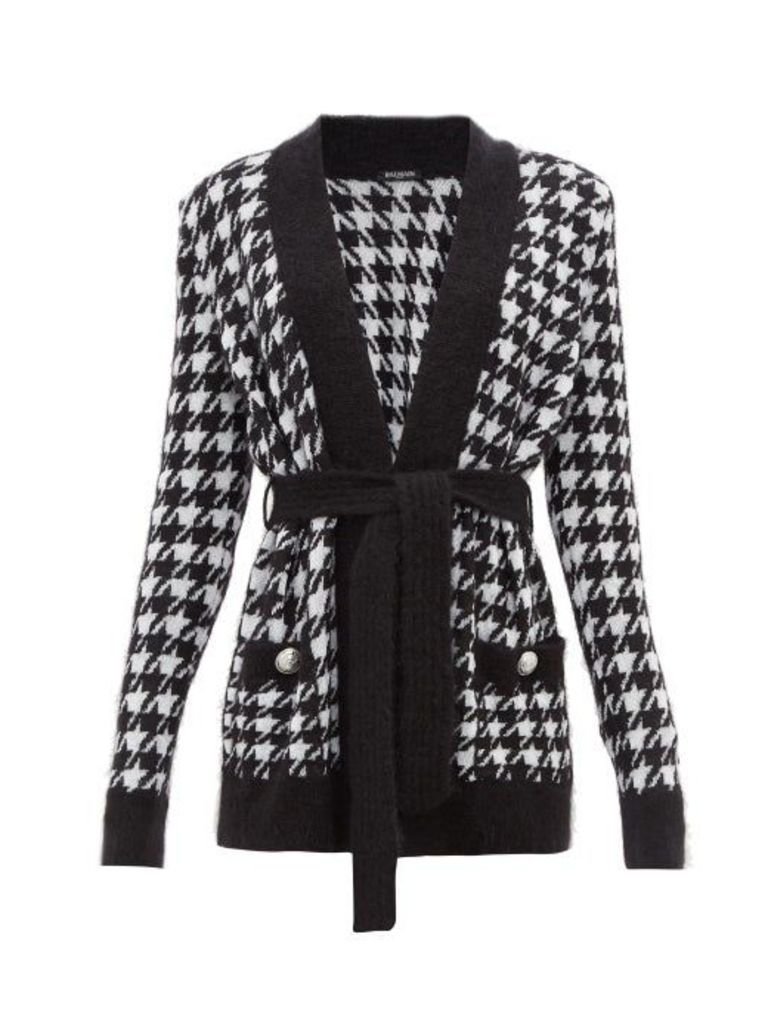 Balmain - Belted Long-line Houndstooth Cardigan - Womens - Black White